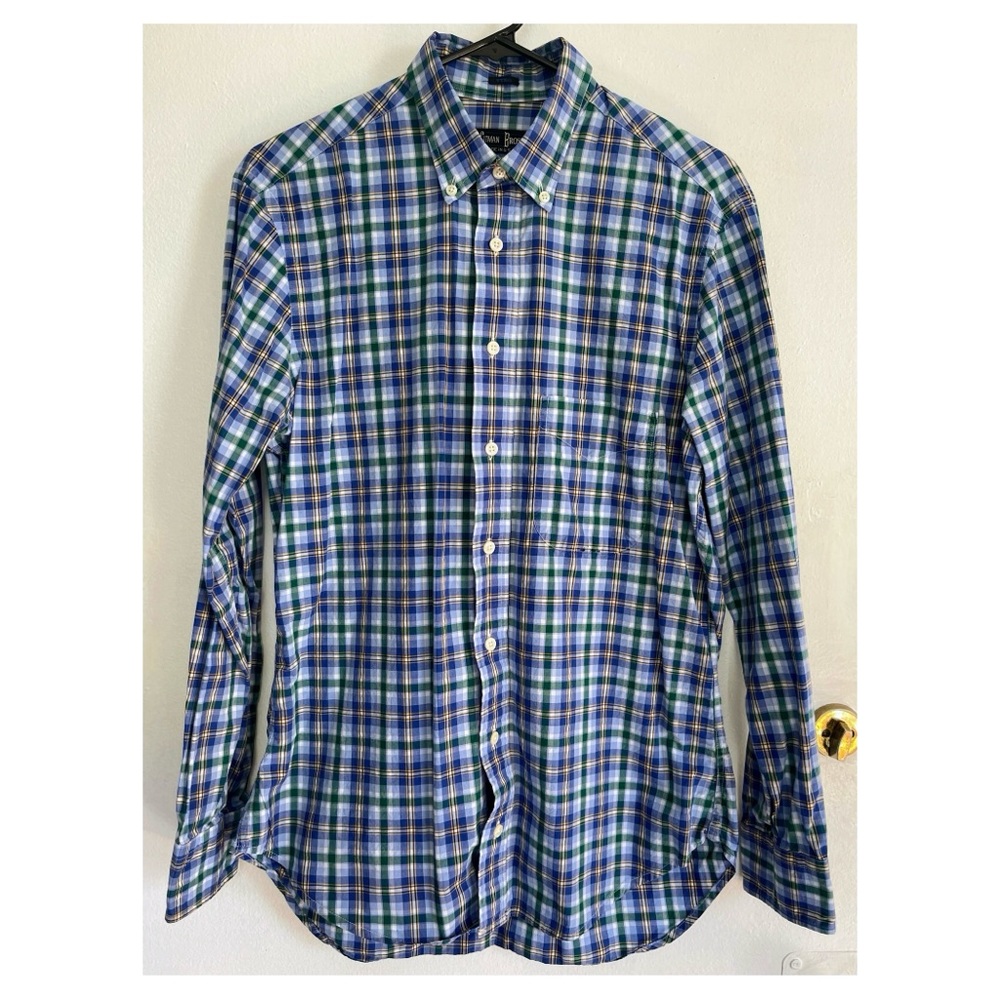 Gitman Bros men’s dress shirt, medium, blue green yellow plaid